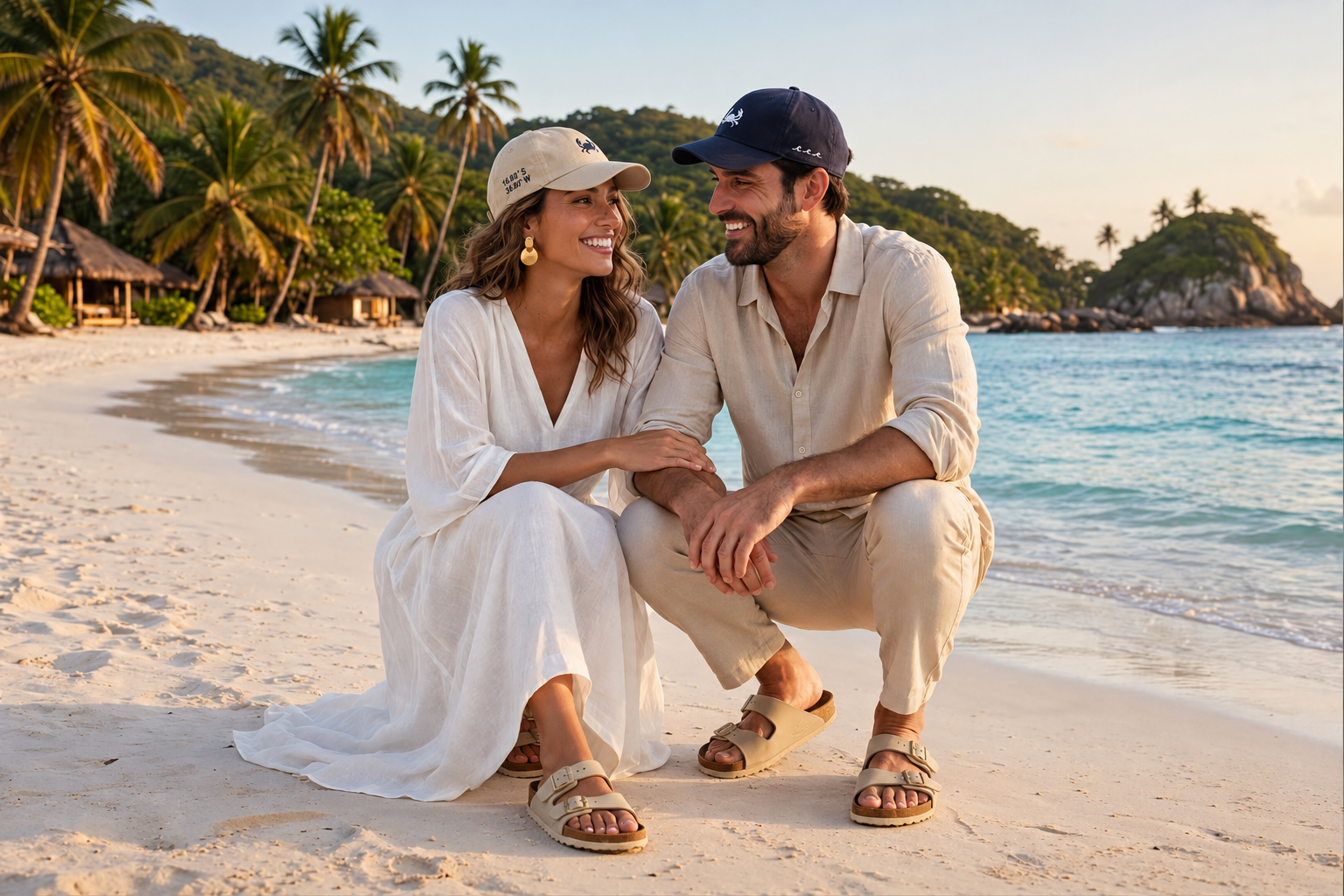 Casal usando bonés CRAB IT em uma praia tropical