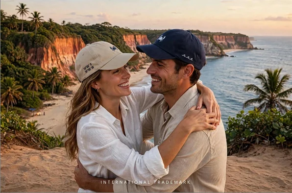 Casal usando bonés CRAB IT diante das falésias de Caraíva